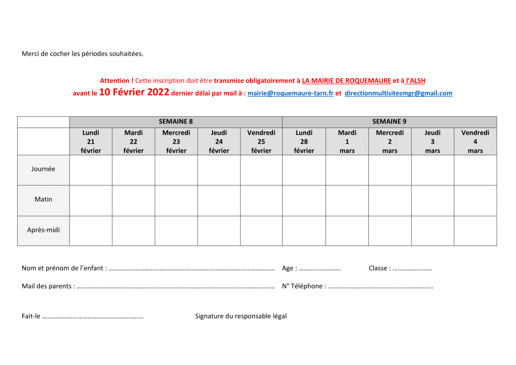 Fiche inscription ALSH hiver 2022-2