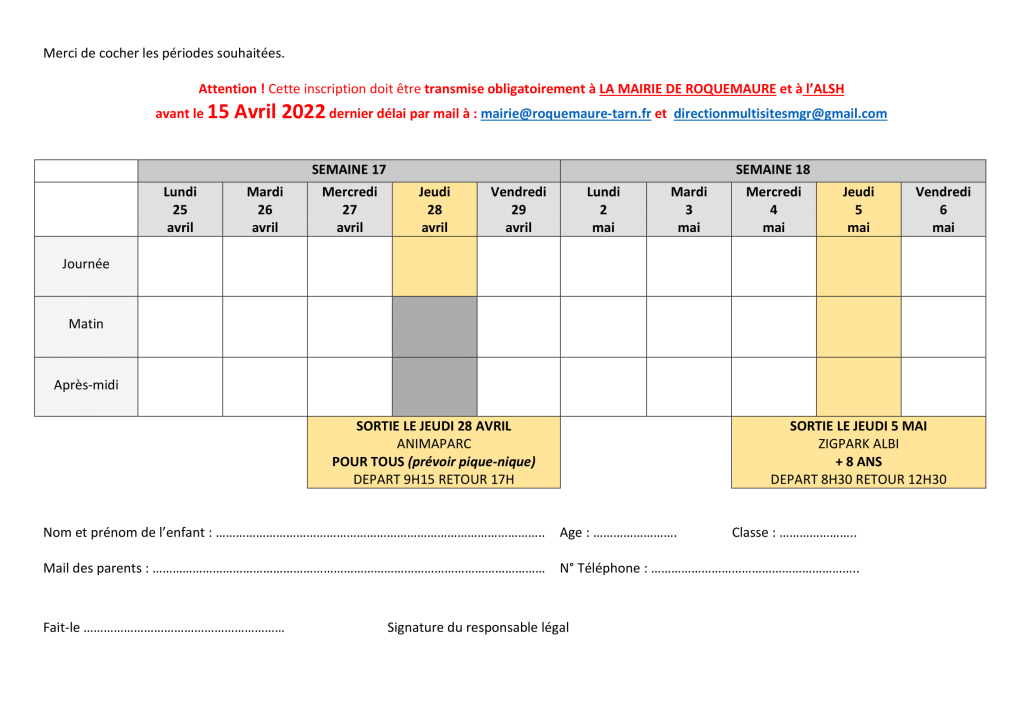 Fiche inscription ALSH printemps 2022-2